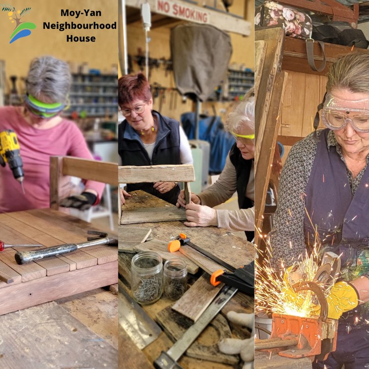 Women with safety goggles on using power tools